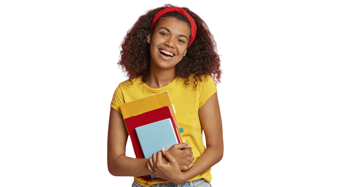 Imagem de uma menina segurando uma pilha de livros