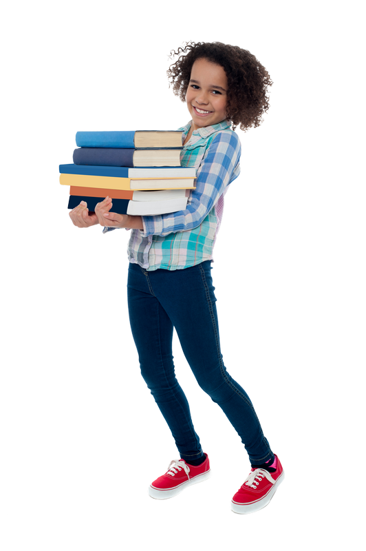 Imagem de uma menina segurando uma pilha de livros